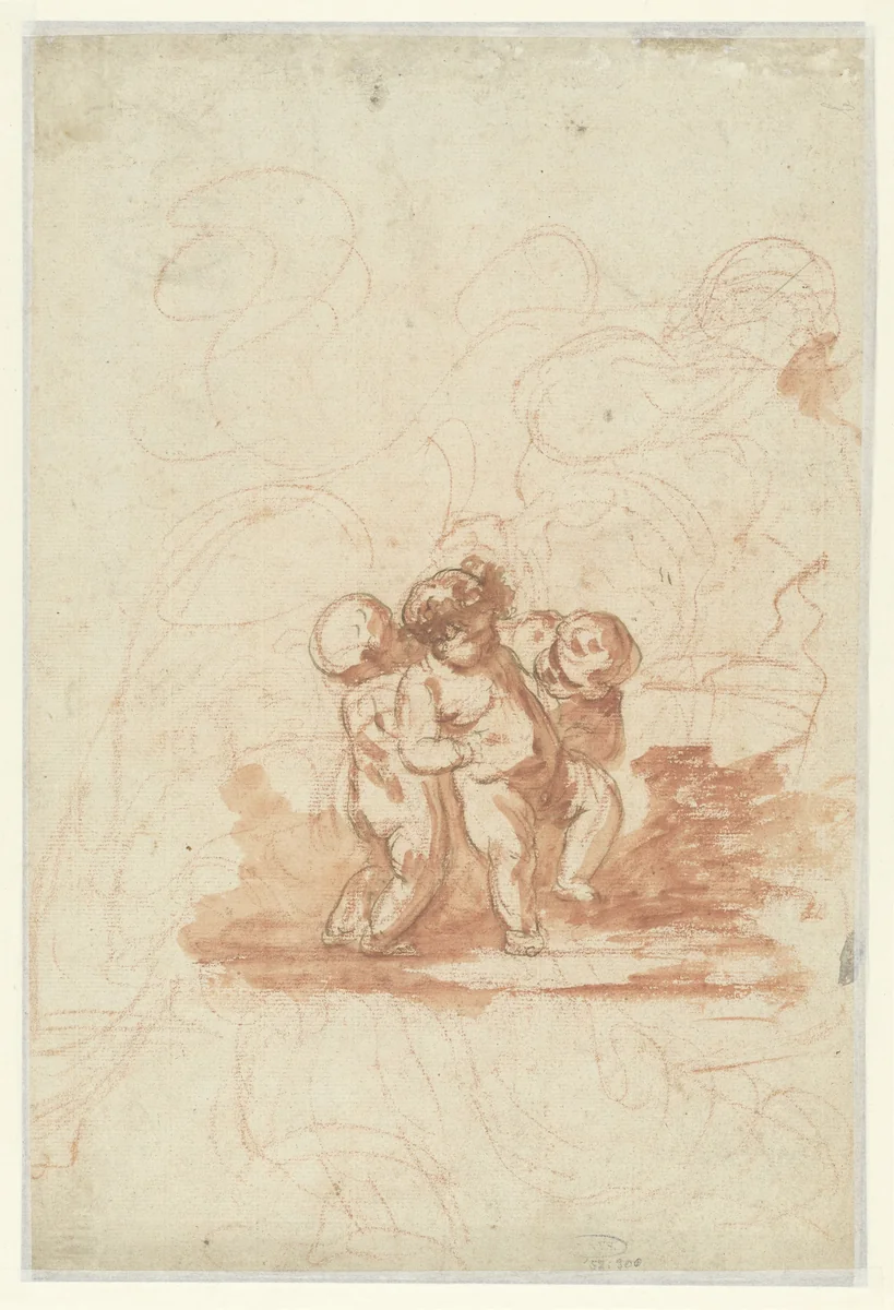 Drie putti in een landschap by anonymous, drawing, 1700-1800