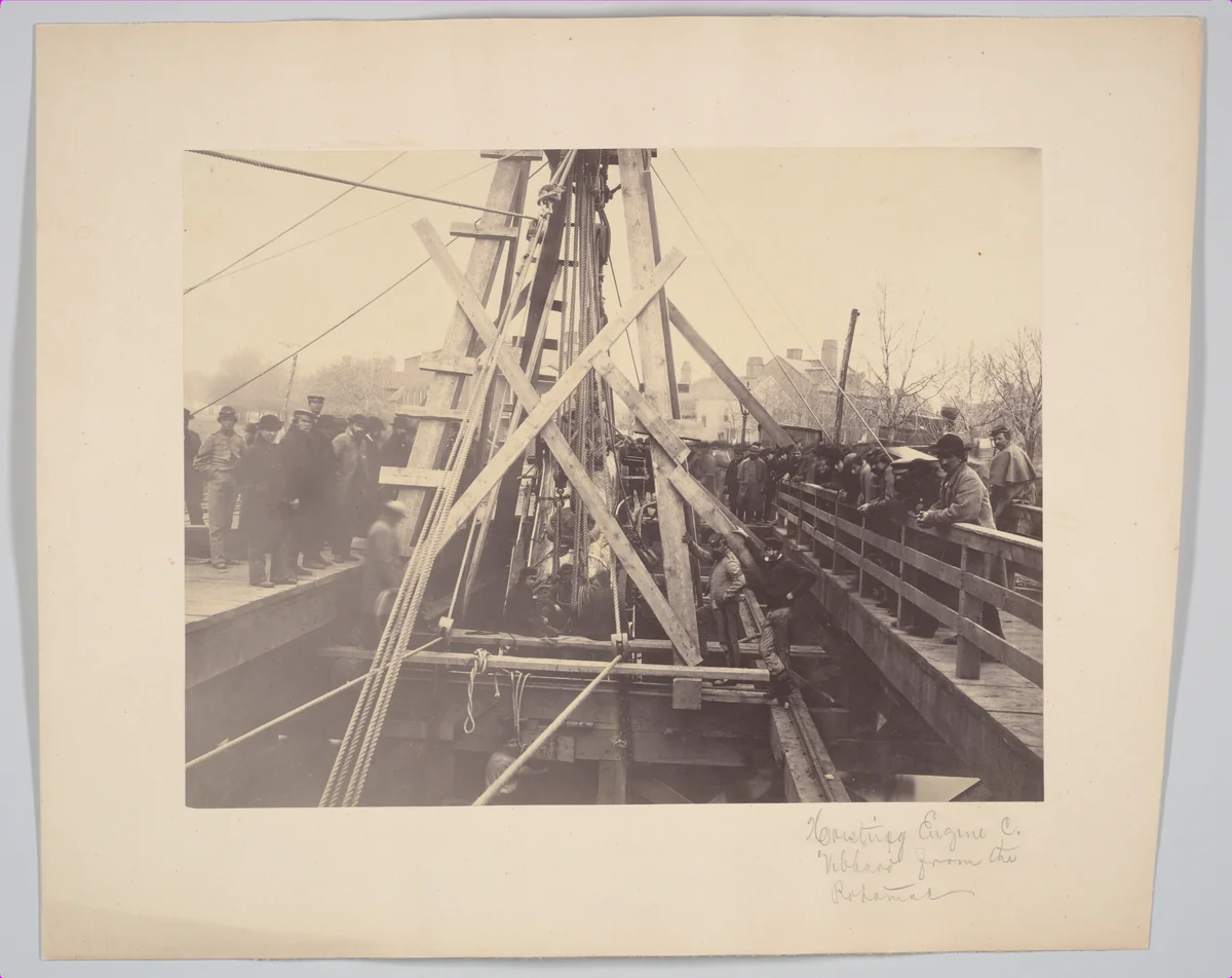 Lifting Engine "Vibbard" from Draw at Long Bridge, March 1864 by Andrew Joseph Russell, photograph, 1864