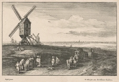 The Four Windmills by Wenceslaus Hollar; Pieter Bruegel the Elder, print, 1650