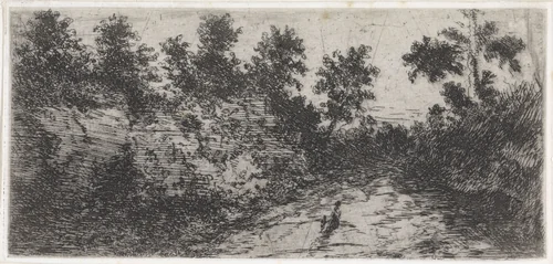 Vrouw en kind op een pad tussen twee kleine heuvels by Arnoud Schaepkens, print, 1855-1904