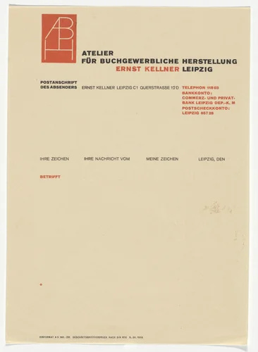 Atelier für Buchgewerbliche Herstellung Ernst Keller letterhead by Georg Trump, design, 1925