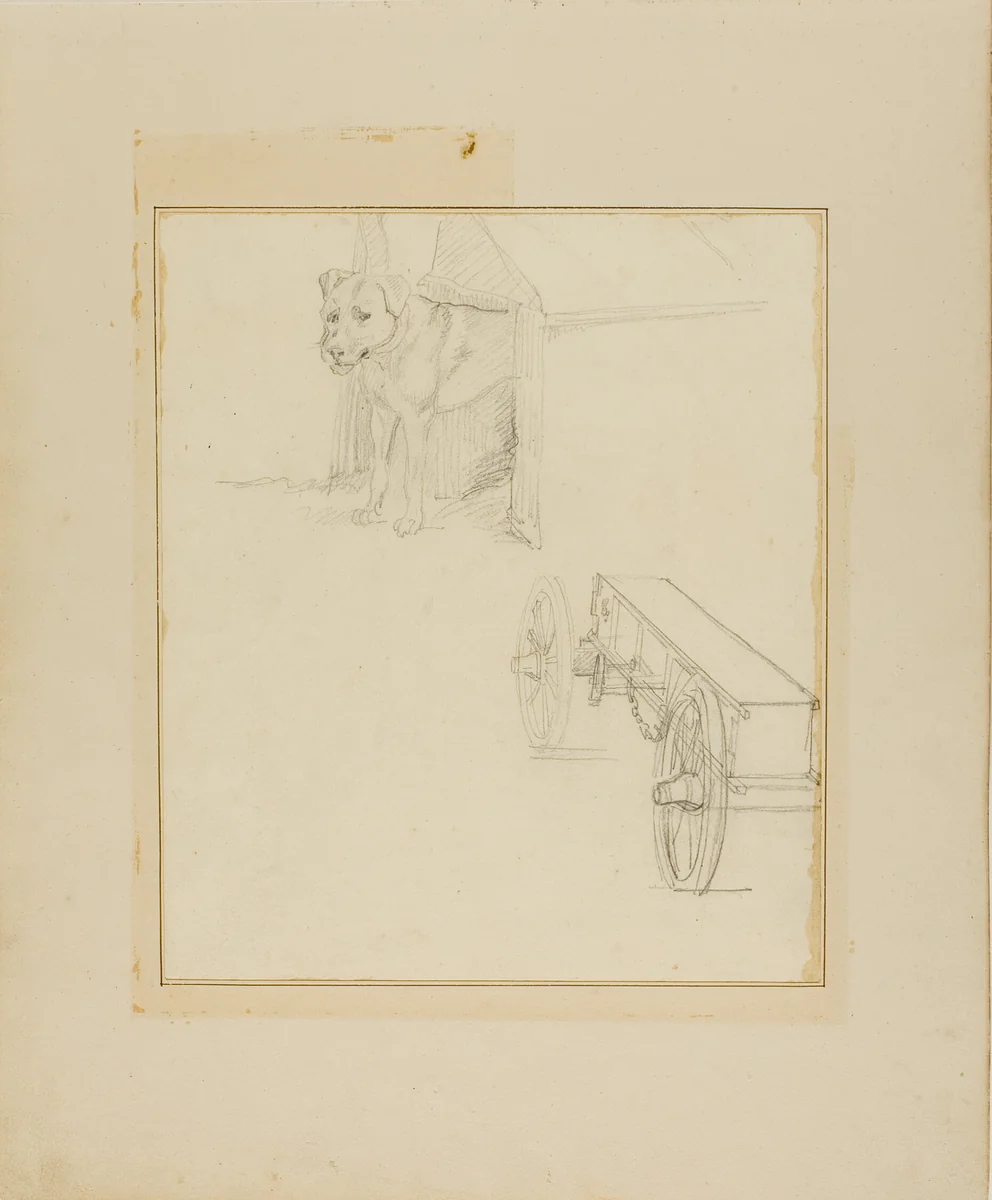 Dog Standing in Dog House and Study of a Munitions Cart by Jean Louis André Théodore Géricault, drawing, 1818-1819