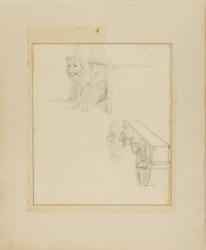 Dog Standing in Dog House and Study of a Munitions Cart by Jean Louis André Théodore Géricault, drawing, 1818-1819