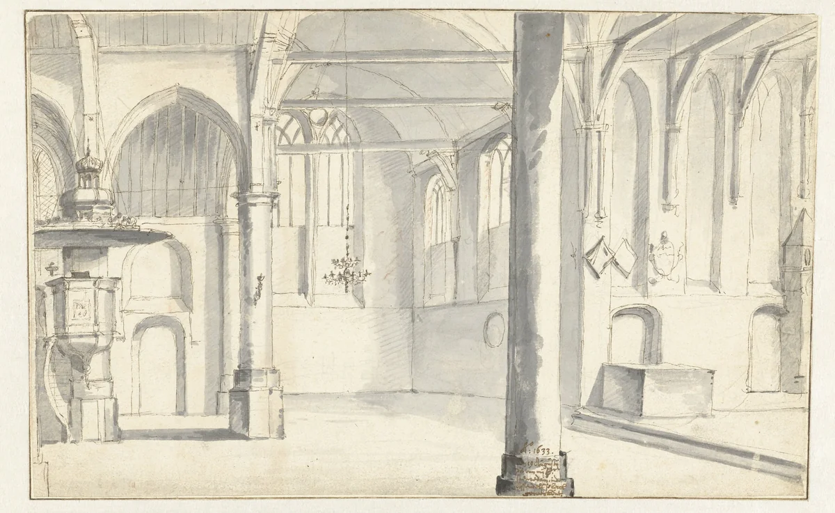 View of the Interior of the Sint-Odulphuskerk, Assendelft by Pieter Jansz Saenredam, drawing, 1633