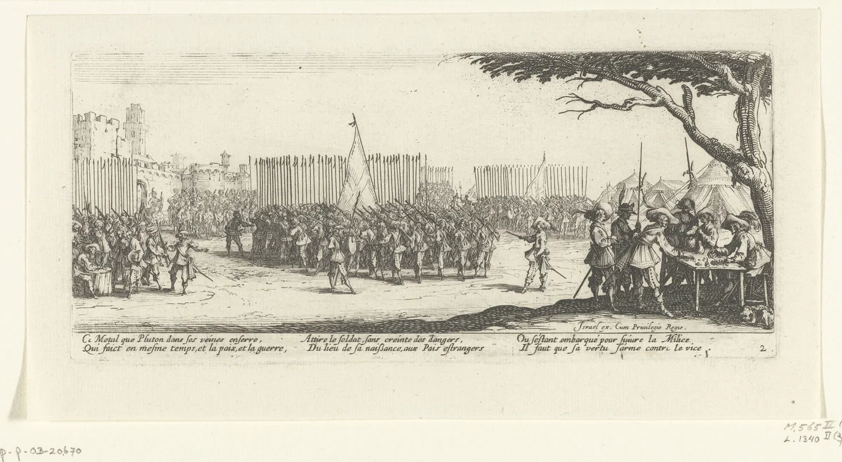 Recruteren van soldaten by Jacques Callot, print, 1633