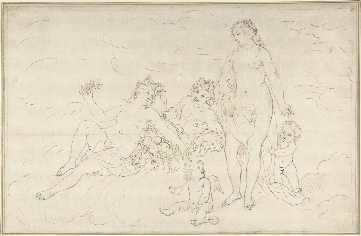 Nymphs, Satyr? and Putti by anonymous, drawing, 1600-1700