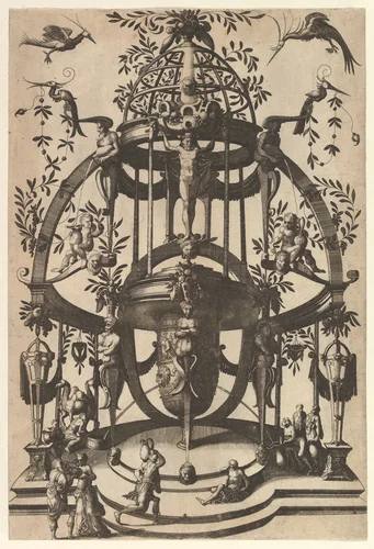 Vase Placed in Center of a Tempietto with Lattice, an Arch at the Top from Veelderleij niewe inventien van antijckesche sepultueren diemen nou zeere ghebruijkende is met noch zeer fraeije grotissen en compertimenten zeer beqwame voer beeltsniders antijcksniders schilders en all constenaers...Libro Secundo by Johannes van Doetecum, book, 1557