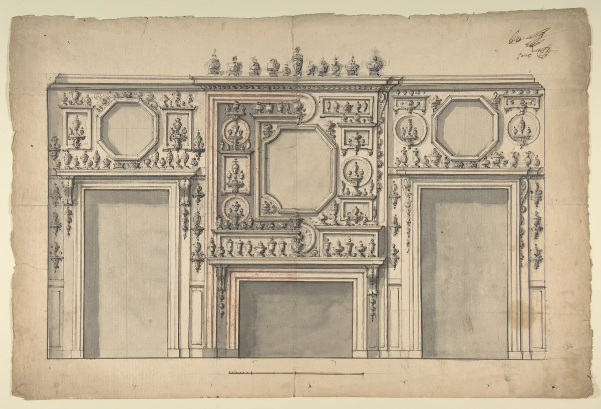 Two Variant Designs for the Interior of a Room, Decorated with Porcelains, Fireplace in Center, and With the Doorways at Either Side by anonymous, drawing, 1700-1800