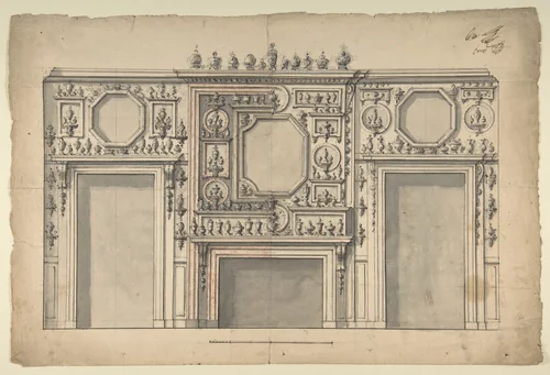 Two Variant Designs for the Interior of a Room, Decorated with Porcelains, Fireplace in Center, and With the Doorways at Either Side by anonymous, drawing, 1700-1800
