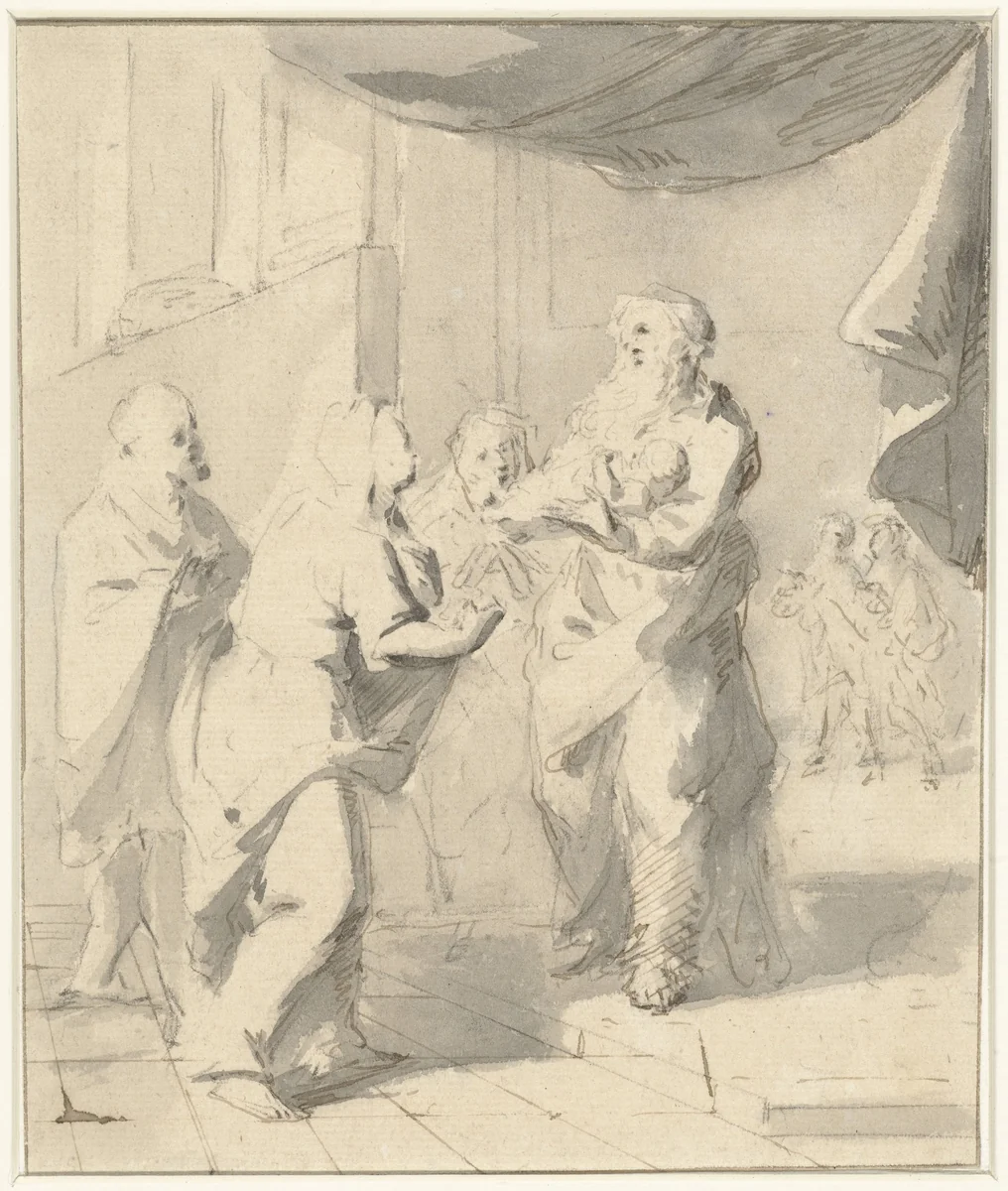 De opdracht in de tempel by anonymous, drawing, 1700-1800