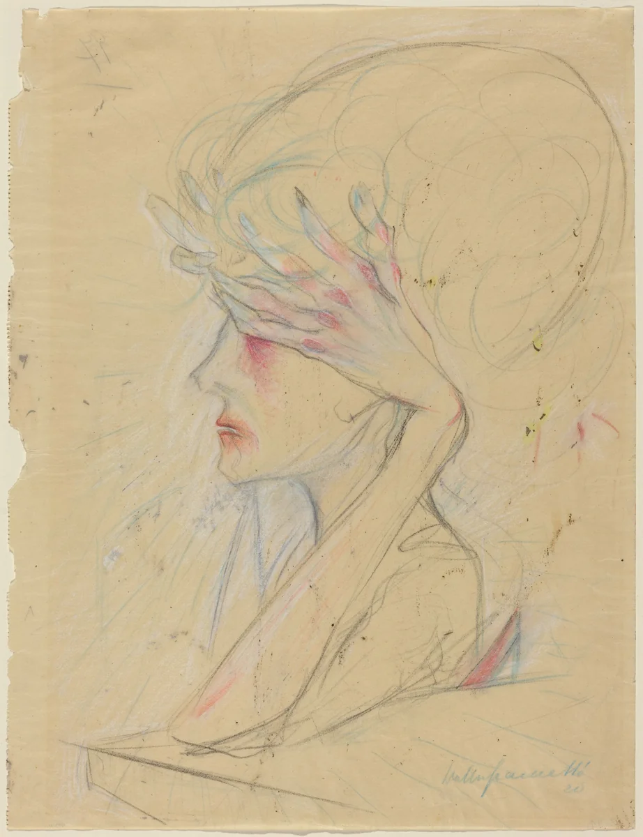 An Elegant Woman with Her Hands Covering Her Eyes by Walter Gramatté, drawing, 1920