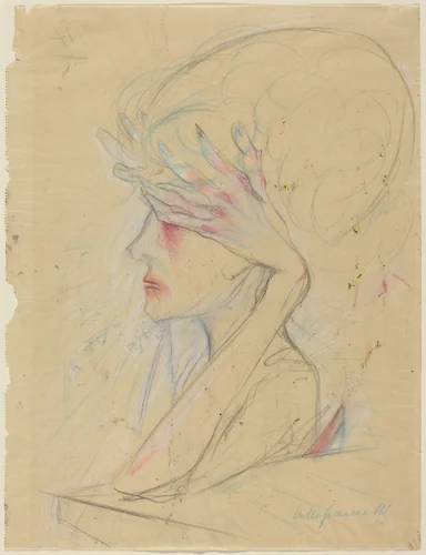 An Elegant Woman with Her Hands Covering Her Eyes by Walter Gramatté, drawing, 1920