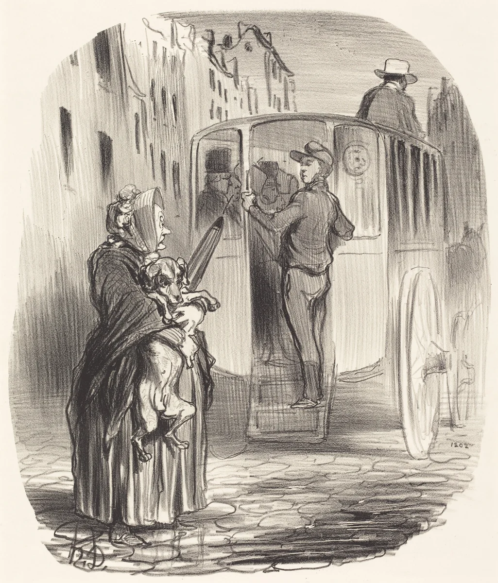 Désolé, citoyenne... je ne reçois pas de chiens... by Honoré Daumier, print, 1848