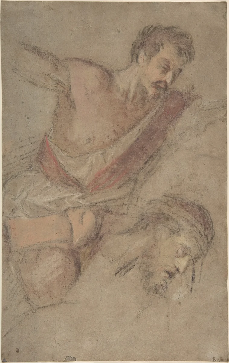 Studies for a Scourging Soldier and the Head of Christ by Jacopo Bassano, drawing, 1560-1570