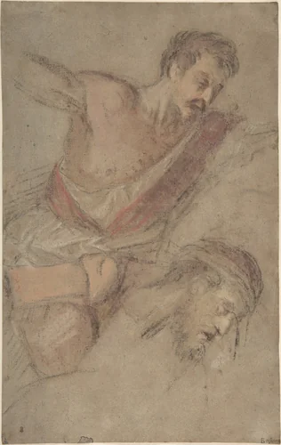 Studies for a Scourging Soldier and the Head of Christ by Jacopo Bassano, drawing, 1560-1570