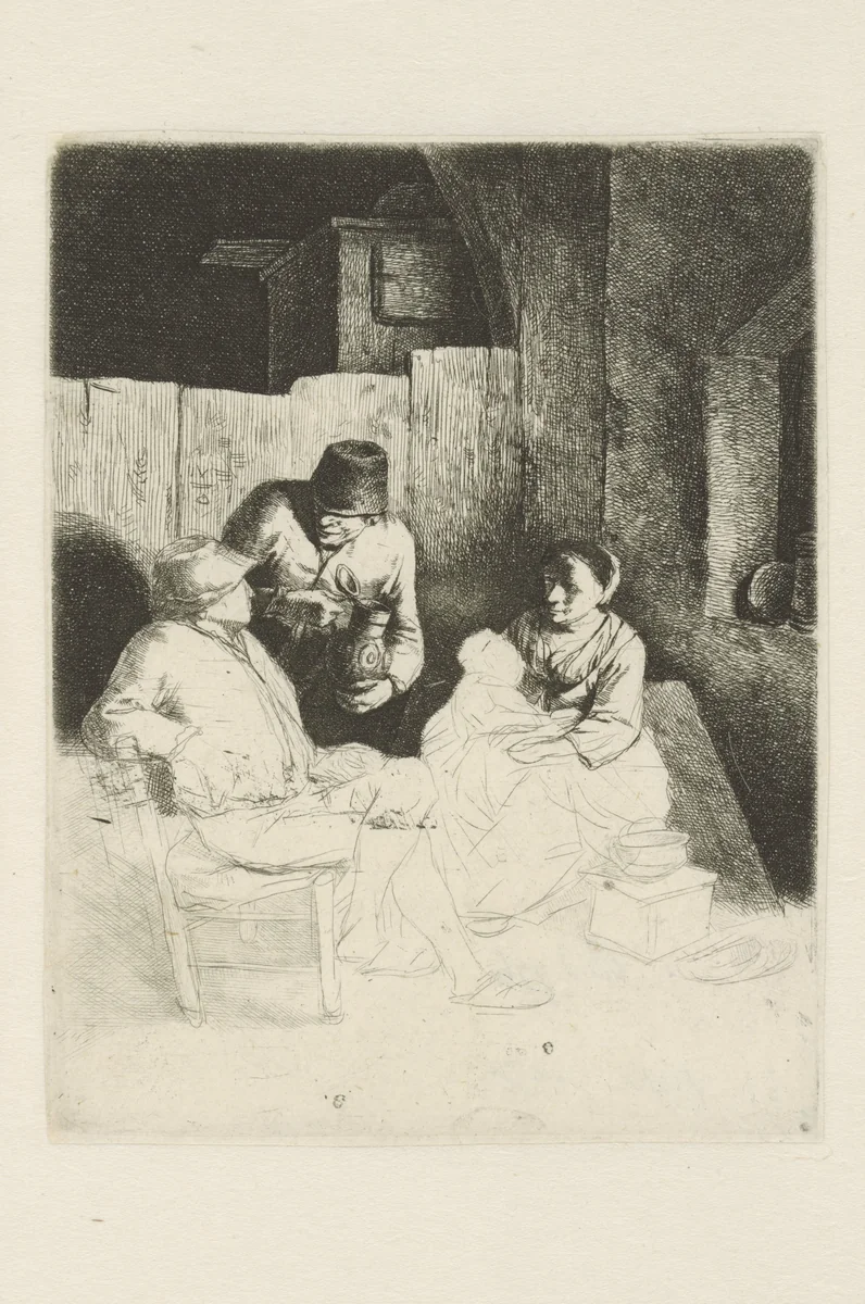 Twee mannen en vrouw met kind zittend in herberg by Cornelis Pietersz. Bega, print, 1642-1664