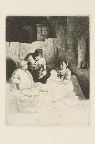 Twee mannen en vrouw met kind zittend in herberg by Cornelis Pietersz. Bega, print, 1642-1664