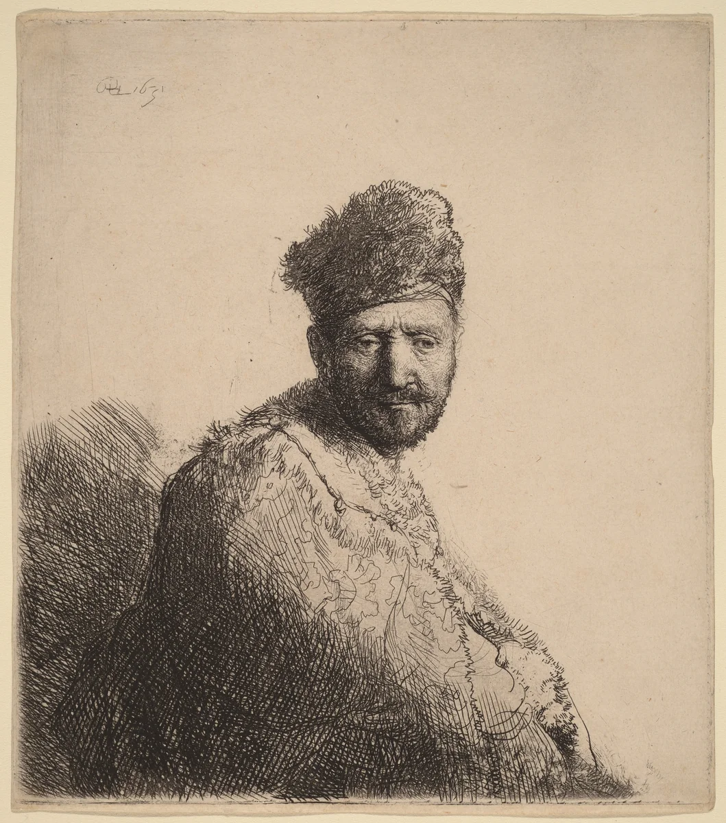 Bearded Man, in a Furred Oriental Cap and Robe: the Artist's Father by Rembrandt van Rijn, print, 1631