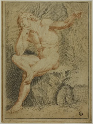 Seated Male Nude Pointing with Left Hand by Unknown Artist, drawing, 1700-1799