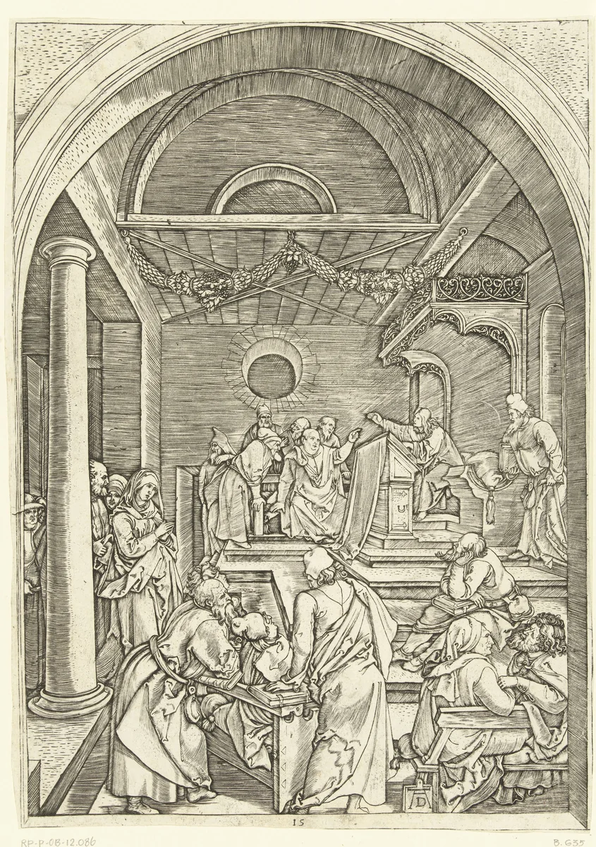 Christus onderwijst schriftgeleerden in tempel by Marcantonio Raimondi, print, 1510-1515