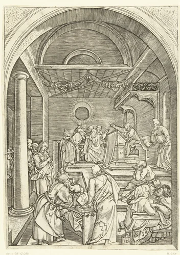 Christus onderwijst schriftgeleerden in tempel by Marcantonio Raimondi, print, 1510-1515