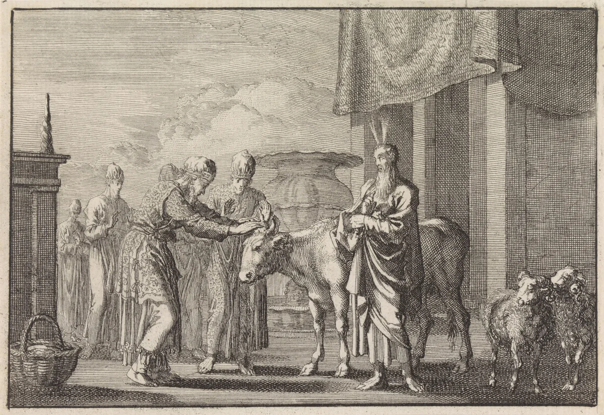 Aäron zegent het offervee by Jan Luyken, print, 1703