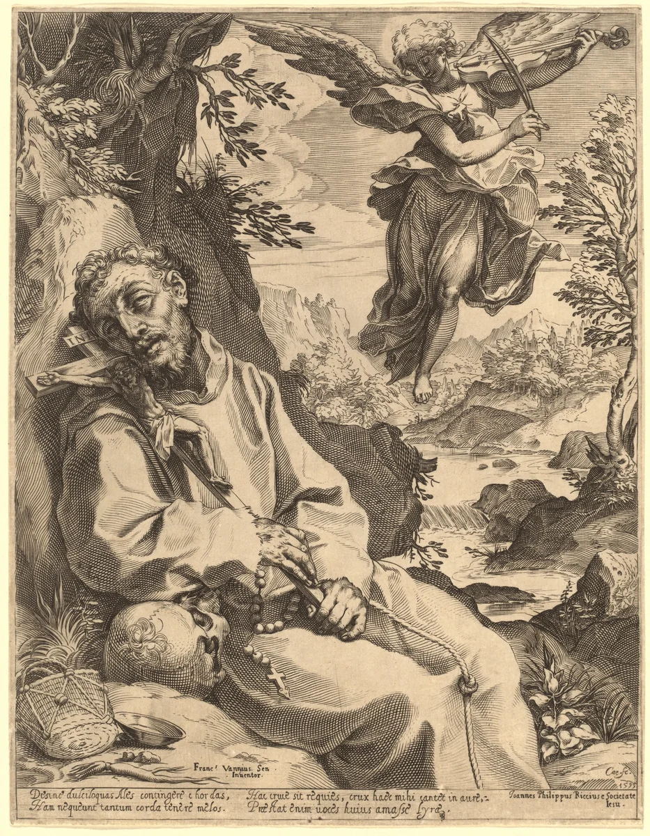 Saint Francis Consoled by the Musical Angel by Agostino Carracci; Francesco Vanni, print, 1595