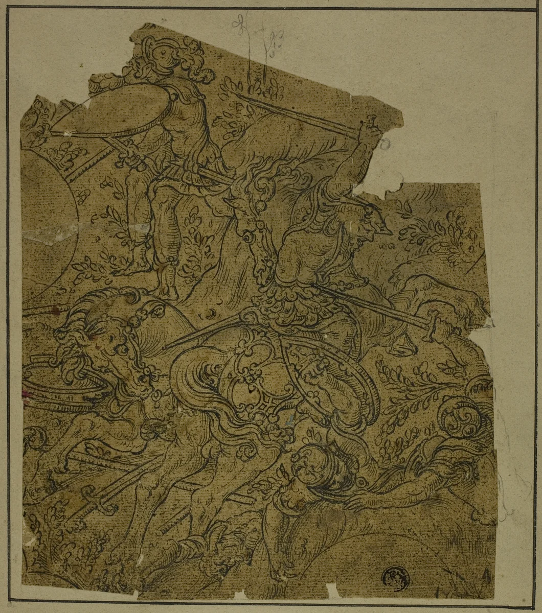 Fragment: Armed Warriors on Horseback Fighting Foot Soldiers by Unknown Artist, drawing, 1590-1709
