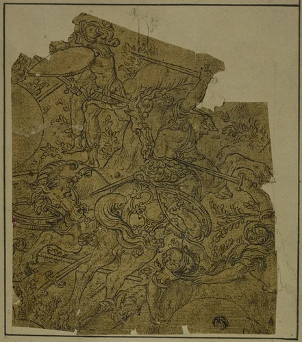 Fragment: Armed Warriors on Horseback Fighting Foot Soldiers by Unknown Artist, drawing, 1590-1709