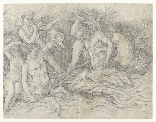 Gevecht tussen tritons met nereïden op hun rug by Andrea Mantegna, print, 1473-1477
