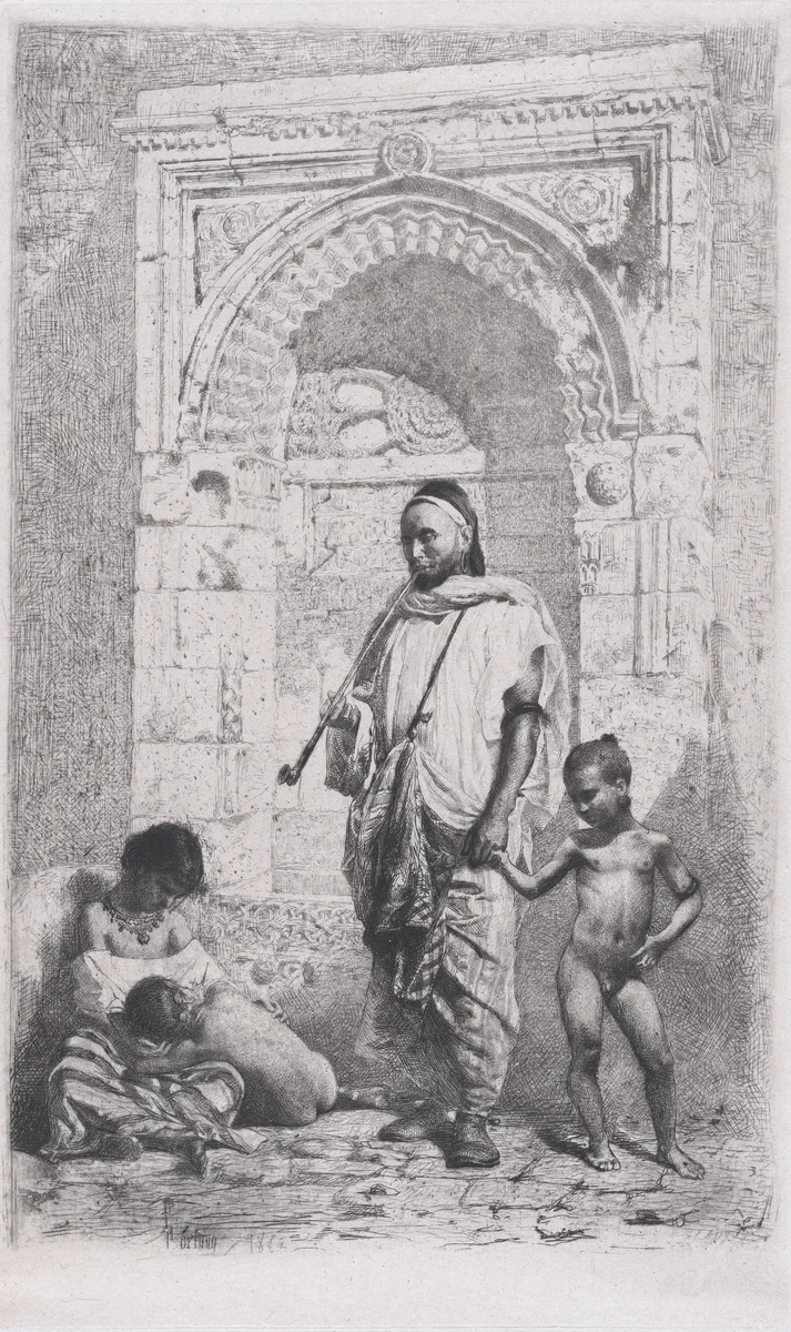 A Moroccan family in front of an arch, father standing, mother lower left on the ground holding a child by Mariano Fortuny, print, 1862