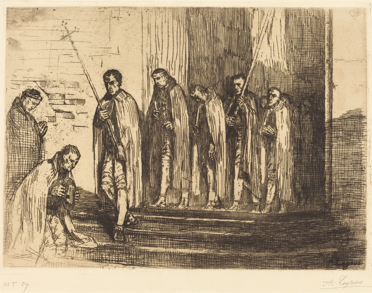 Procession Leaving a Church (La sortie de la procession) by Alphonse Legros, print, 1837-1911