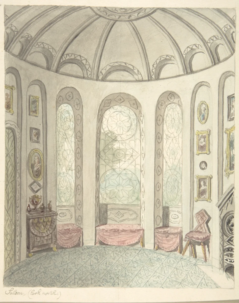 Lea Castle, Worcestershire, Saloon, Looking North by John Carter, drawing, 1811-1821