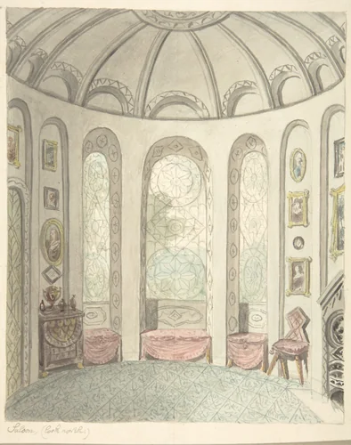Lea Castle, Worcestershire, Saloon, Looking North by John Carter, drawing, 1811-1821