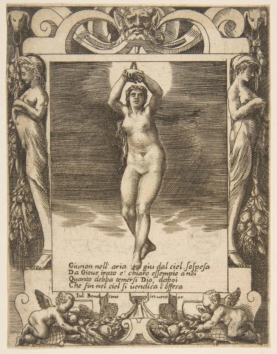 Juno suspended in the air, set within a frame, from "Loves, Rages and Jealousies of Juno" by Giulio Bonasone, print, 1531-1576