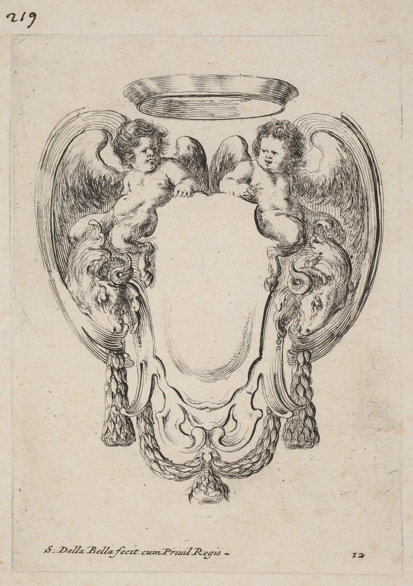 Cartouche with Rams and Infant Satyrs by Stefano della Bella, print, 1647