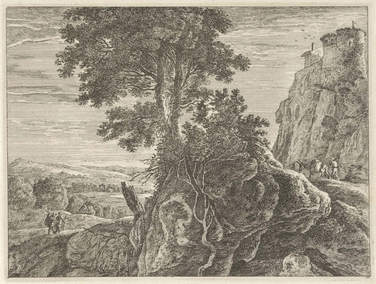Landschap met een grote boom by anonymous, print, 1633-1679