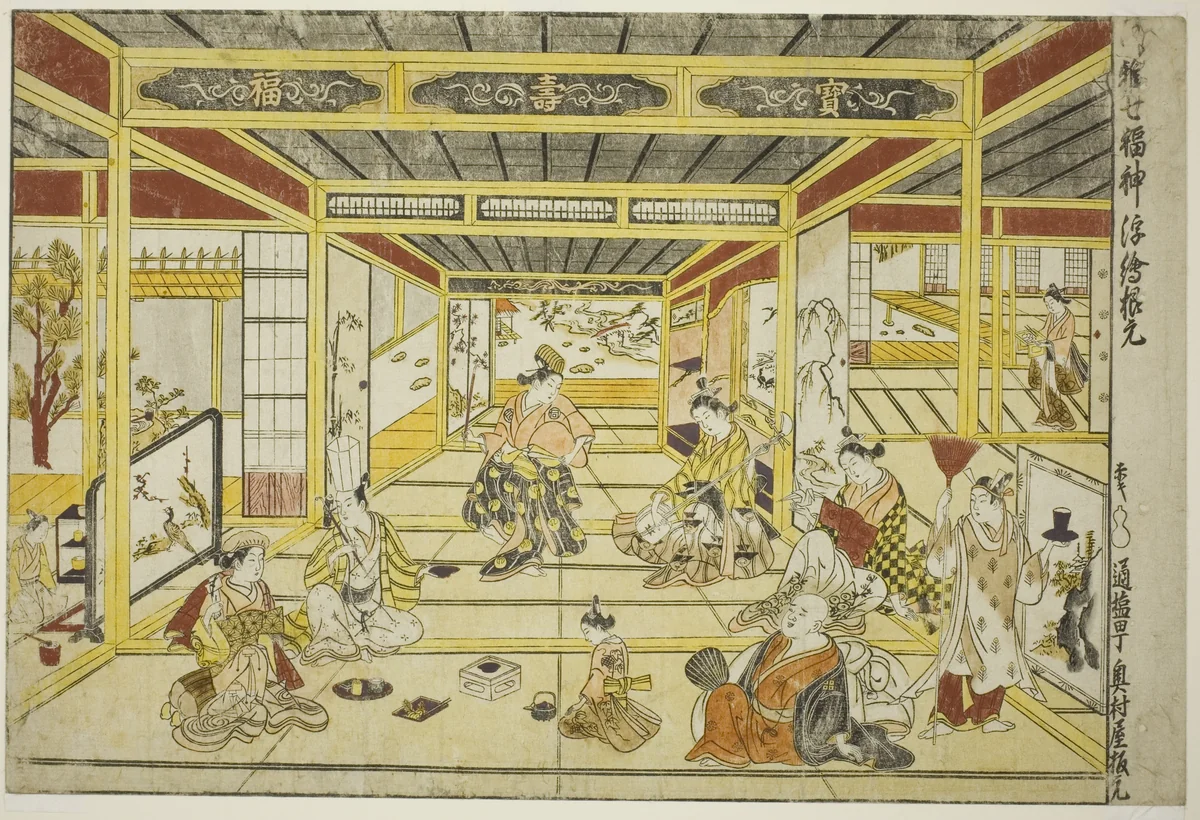Original Perspective Picture of the Fashionable Seven Gods of Good Fortune (Furyu shichi fukujin uki-e kongen) by Okumura Masanobu (奥村政信), print, 1740-1749