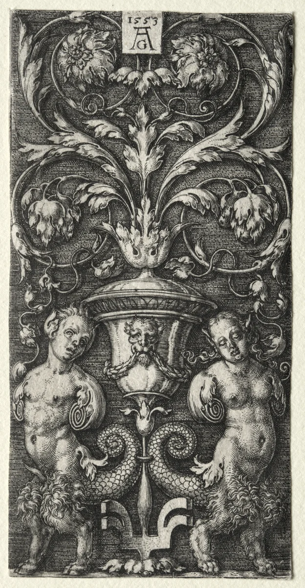 A Vase between Two Chimeric Figures by Heinrich Aldegrever, print, 1553