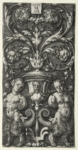 A Vase between Two Chimeric Figures by Heinrich Aldegrever, print, 1553