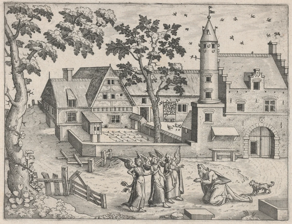 Landscape with Abraham and Three Angels by Lucas Gassel, print, 1555-1575