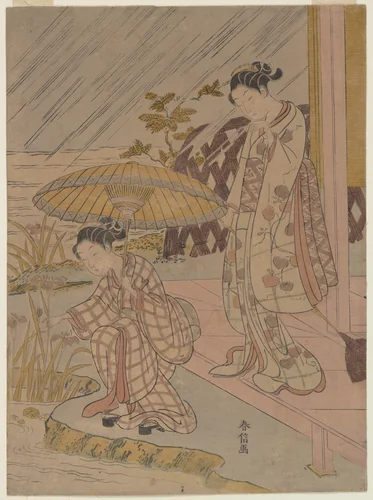 Viewing Iris in the Rain by Suzuki Harunobu (鈴木春信), print, 1764-1770