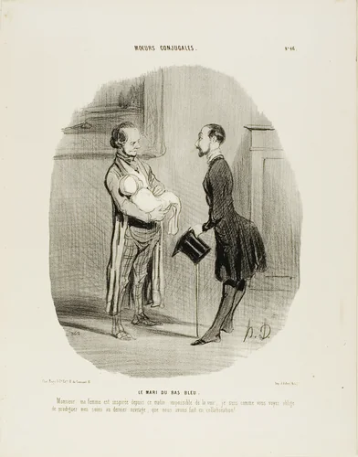 The Bluestocking's Husband. “Monsieur, my wife has been inspired since this morning: it is impossible to see her. As you can see, I have to give my full attention to the fruit of our most recent collaboration!,” plate 46 from Moeurs Conjugales by Honoré-Victorin Daumier, print, 1842