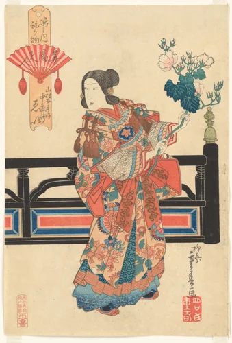 “Ei of the Nakamoriken Brothel, who was a favorite of Yamamura Goto, as Lady Huayang (Kayō Fujin Yamamura Goto gonomi Nakamoriken Ei),” from the series Costume Parade of the Shimanouchi District in Osaka (Naniwa Shimanouchi nerimono) by Ryūsai Shigeharu (柳斎重春), print, 1836