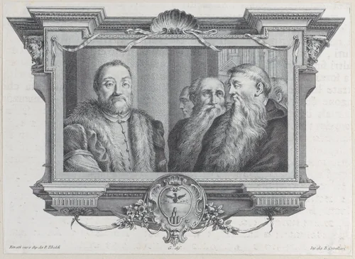 Three bearded men, one wearing fur by Bartolomeo Crivellari, print, 1756