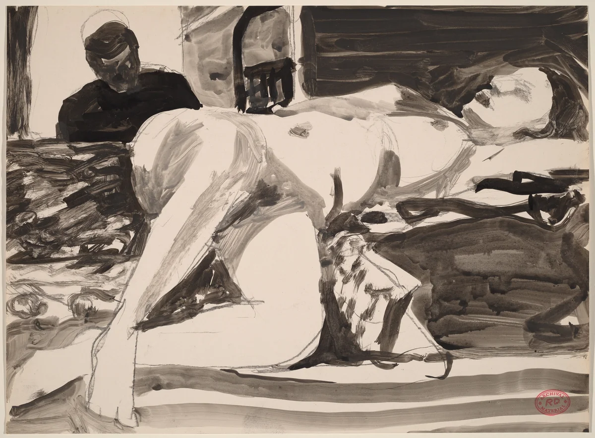 Untitled [reclining female nude with figure in doorway] by Richard Diebenkorn, drawing, 1955-1967