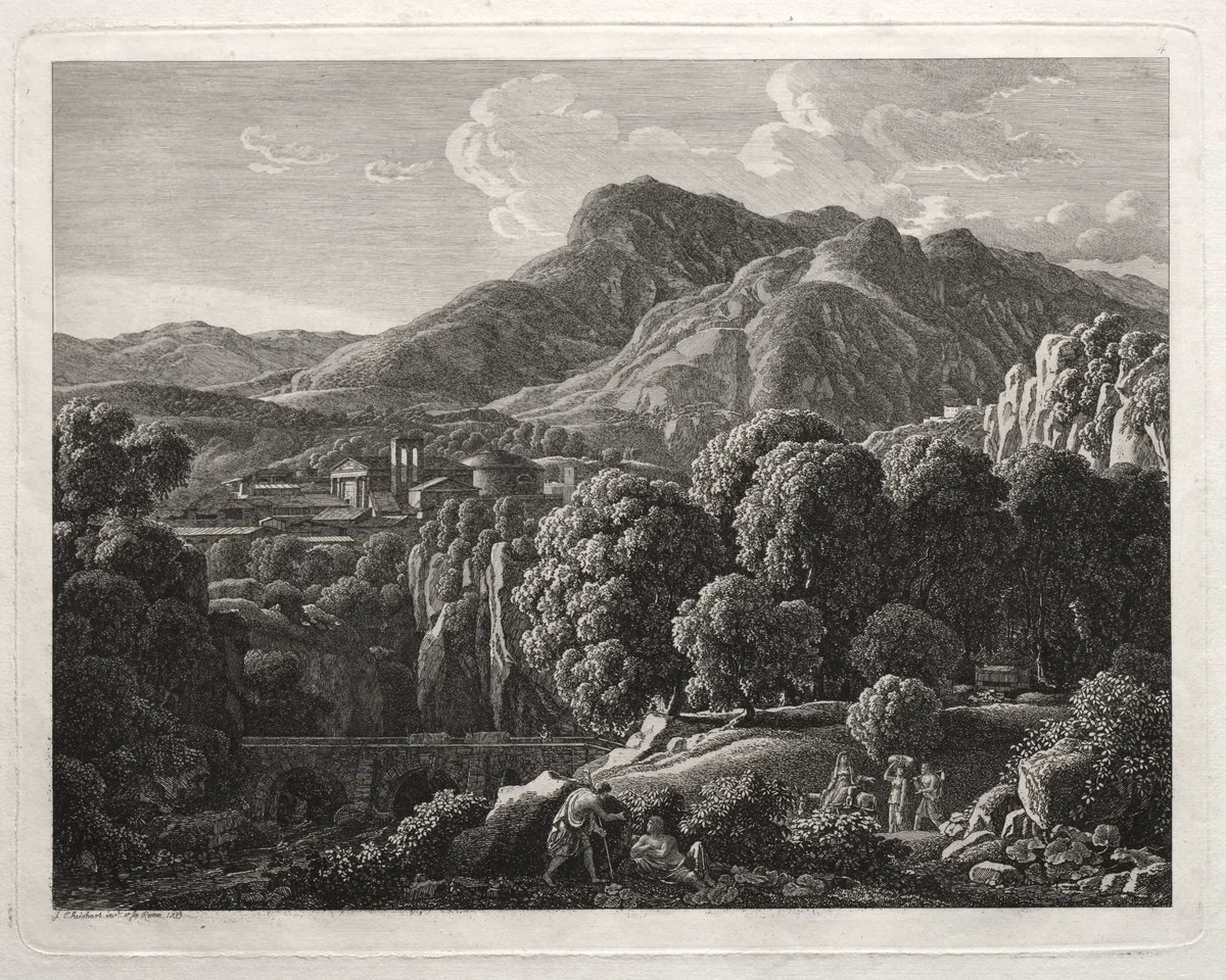 Heroic Landscape: Landscape with Town and River by Johann Christian Reinhart, print, 1799