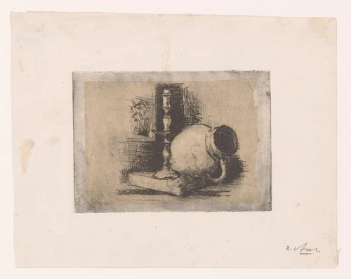 Stilleven met kruik en een kandelaar op een boek by W.F. Barber, print, 1850-1909