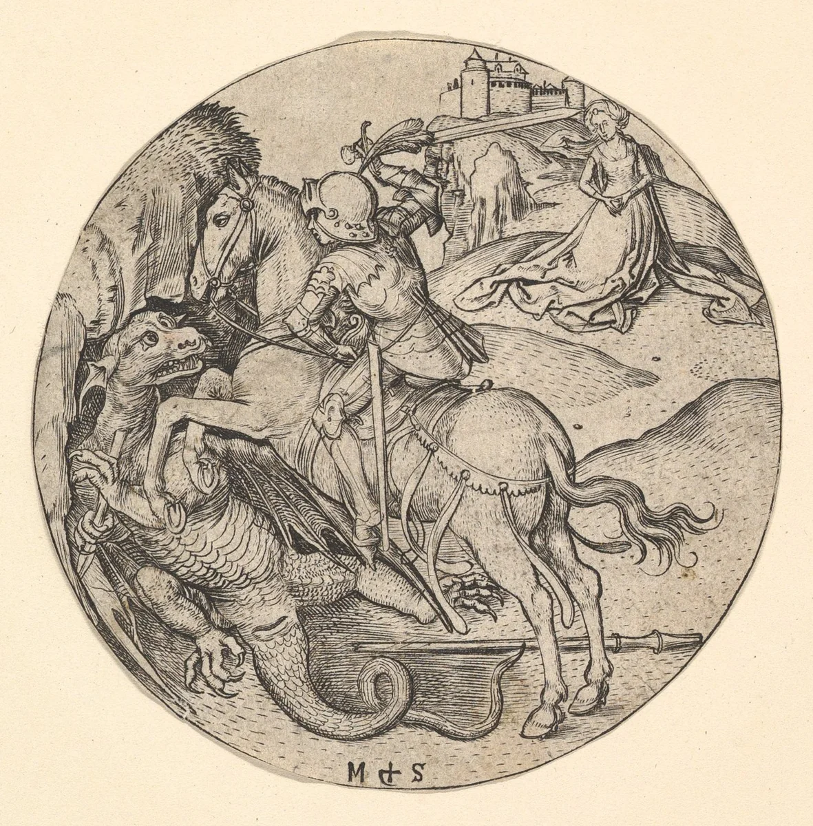 St. George Slaying the Dragon by Martin Schongauer, print, 1470-1491