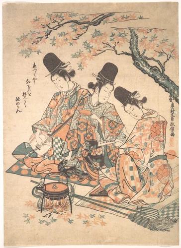 Parody of Palace Servants Heating Sake over a Fire of Maple Leaves by Okumura Masanobu (奥村政信), print, 1740-1760